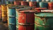Oil barrels in a factory, closeup with selective focus