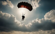 Parachute regiment in sky, view from below, silhouettes against a clouded sky, symbolizing airborne forces.