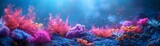 Fototapeta Do akwarium - Neon coral reef under the sea, glowing light effects on a dark background, photorealistic ,3DCG,high resulution,clean sharp focus