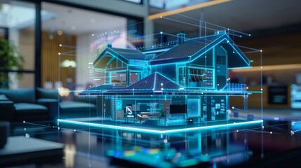 A smart AI house model is shown in a blue color scheme. The house is designed to be energy efficient and has a modern look. The model is displayed on a black surface, giving it a sleek.