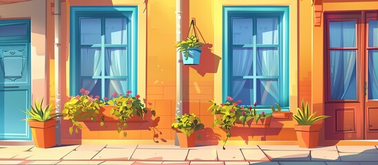 Wall Mural - A vibrant cartoon illustration of a building with potted plants enhancing the facade. The colorful windows and artistic fixtures add to the charming interior design