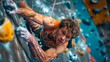 © pisan - Determined Male Athlete Climbing a Challenging Route on Vibrant Indoor Climbing Wall