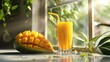 A glass of mango juice sits on the table, with half an open and juicy mango beside it, in bright daylight. The background is blurred to emphasize the fruit juice