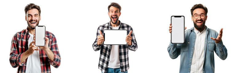 Poster - Cheerful Emotional Man Holding Big Blank Cell Phone