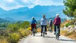 Active retirement lifestyle group of seniors bicycling on a picturesque country trail