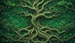 A vivid representation of intertwining tree roots and branches forming a mystical pattern, evoking themes of growth and interconnection within nature.