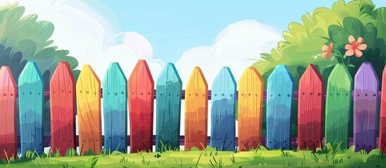 Wall Mural - A vibrant magenta wooden fence stands out in the natural landscape of a grassy field, resembling a beautiful piece of art in the middle of the rectangleshaped field