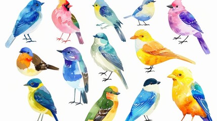 Wall Mural - An adorable watercolor set of birds in modern format