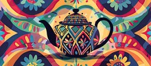 A Vibrant Painting Of A Teapot On A Colorful Background, Showcasing Intricate Patterns And Symmetrical Designs, Beautifully Captured In A Creative Textile Mural