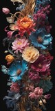 Fototapeta Kwiaty - explosion of vivid flowers blooms boldly against a dark, mysterious background, creating a striking visual contrast