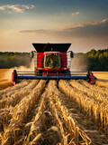Fototapeta Mapy - A combine harvester in the field harvests wheat. Harvest festival, autumn field cleaning, grain crops