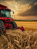 Fototapeta Mapy - A combine harvester in the field harvests wheat. Harvest festival, autumn field cleaning, grain crops