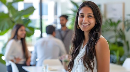 Poster - Confident young woman smiling in a modern office environment. Casual business style. Perfect for corporate profiles. Bright and welcoming workspace. AI