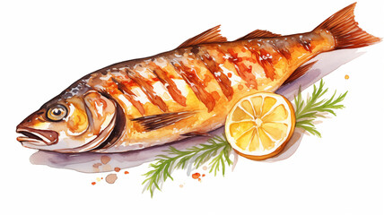 hand drawn cartoon delicious grilled fish watercolor illustration material