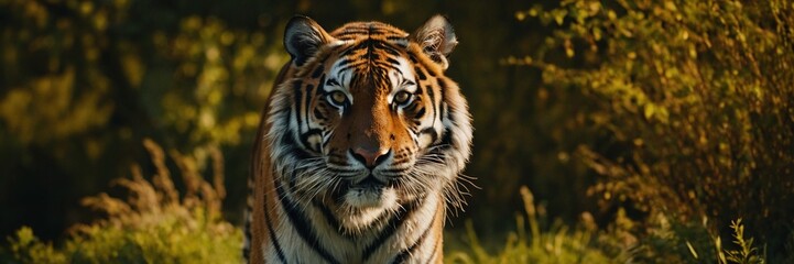 Wall Mural - Close-up of a Sumatran tiger in a jungle.with Generative AI technology	
