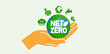Net zero and carbon neutral concept Net zero greenhouse gas emissions target Hand holding a globe with a green health center icon on a gray background. Vector illustration