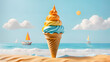 Cream ice cream in a cone on the beach sand on a flat lay summer background with copy space. Creative illustration concept of summer frozen desserts. Cream ice cream on cone