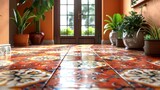 Fototapeta Kuchnia -   A tiled floor features potted plants on one side, while a door leads to another room in the background