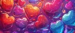 A variety of vibrant hearts float in the air against a purple backdrop, resembling a beautiful piece of art. The colors range from pink to magenta and violet, creating a stunning visual display
