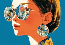 A Pop Art Collage Of An Elegant Woman Wearing Sunglasses With Various Abstract Shapes And Patterns Inside The Lenses, Including Newspaper Clippings, Magazine Cutouts, And Colorful Illustrations. 