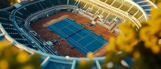 Wall Mural - Professional tennis cort, stadion, arena. An aerial view.  3d scene. Sport lifestyle background. Copy space. Top view. Mockup or banner for sports competitions. Generative ai