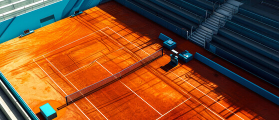 Wall Mural - Professional tennis cort, stadion, arena. An aerial view.  3d scene. Sport lifestyle background. Copy space. Top view. Mockup or banner for sports competitions. Generative ai