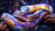 Rainbow boa constrictor coiled on branch with shimmering iridescent scales under dramatic lighting