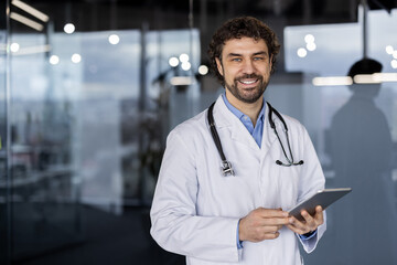 A professional male doctor with a stethoscope stands confidently in a hospital setting, holding a tablet and smiling.