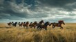 Dynamic wild horses galloping in high resolution grassland under dramatic cloudy sky