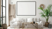 A Mockup Of An Empty Brown Frame On The White Wall In Boho Style Living Room.