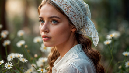 Wall Mural - Portrait of a woman in a headscarf on the background of daisies