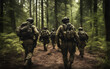 Rear view of a group of special forces moving stealthily through a forest, tactical gear visible