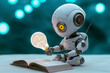 Miniature, or Kid robot holding a light bulb and reading the book, Ai learning