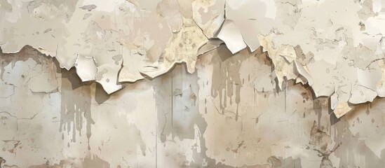 Poster - A detailed shot of a cracked wall with peeling beige paint, showcasing the texture and layers of the wood underneath the surface