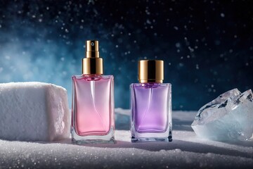 Wall Mural - Product packaging mockup photo of Empty serum or perfume packaging in cold areas for product presentation on Arctic background, studio advertising photoshoot