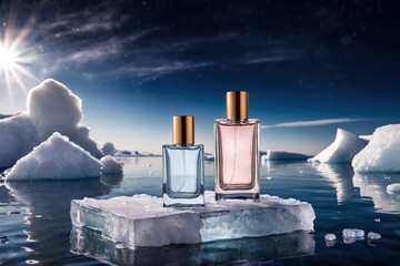 Wall Mural - Product packaging mockup photo of Empty serum or perfume packaging in cold areas for product presentation on Arctic background, studio advertising photoshoot