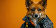 Adorable dog in stylish jacket looking at camera against vibrant orange background