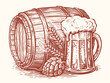 Wooden barrel and glass mug of beer with hops and ears of wheat. Brewery, pub sketch vintage vector illustration
