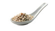 White ceramic spoon full of soybeans isolated on transparent background.