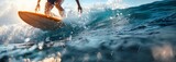 Surfing Adventure: Men Riding Waves with Sunlit Splashes. Surfer foot stepping on the surfboard, capturing the motion and balance. Concept of sport, travel, extreme, people, vacation, beach.

