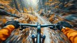 First-person view of a mountain biker speeding through a sun-dappled forest trail. POV concept