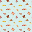 Watercolor seashell seamless pattern. Underwater creatures, crab, starfish, sea shell coral, nautical Design wallpaper