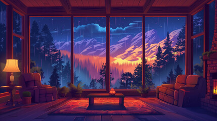 Canvas Print - Cozy modern living room interior at twilight with panoramic view of mountains and forest landscape, warm lighting, and stylish furniture.