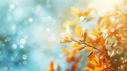 Wall Mural - Autumn background with a soft focus on a blurred light blue sky and bokeh of orange leaves