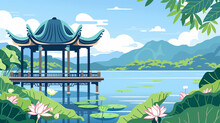 Tranquil Landscape With A Traditional Asian Pavilion Over Water, Surrounded By Lotus Flowers, Lily Pads, And Lush Greenery, With A Serene Lake And Rolling Hills In The Background.