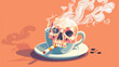Skull soaking in a coffee cup while smoke cigarette