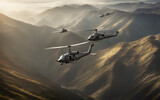 Fototapeta Las - Row of military helicopters flying in formation over mountainous terrain, focus on the lead helicopter.