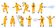 Firefighter characters with different firefighting equipment set. Fireman in uniform and helmet spraying water from fire hydrant hose, use fire extinguisher and ladder cartoon vector illustration