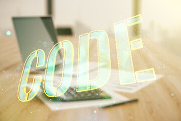 Wall Mural - code word hologram on blurry calculator with laptop background, artificial intelligence and neural n