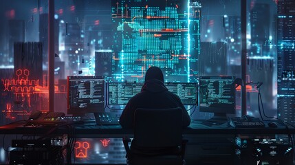 a person sitting at a desk in front of computer monitors with a cityscape background in the background